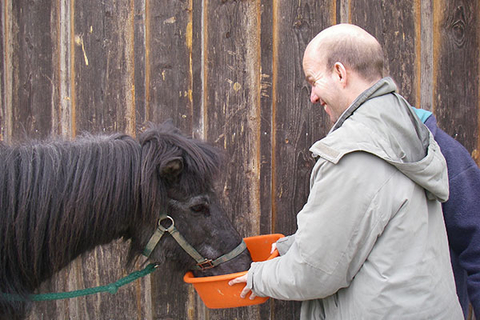 Ein Mann mit einer Behinderung gibt einem Pferd zu essen